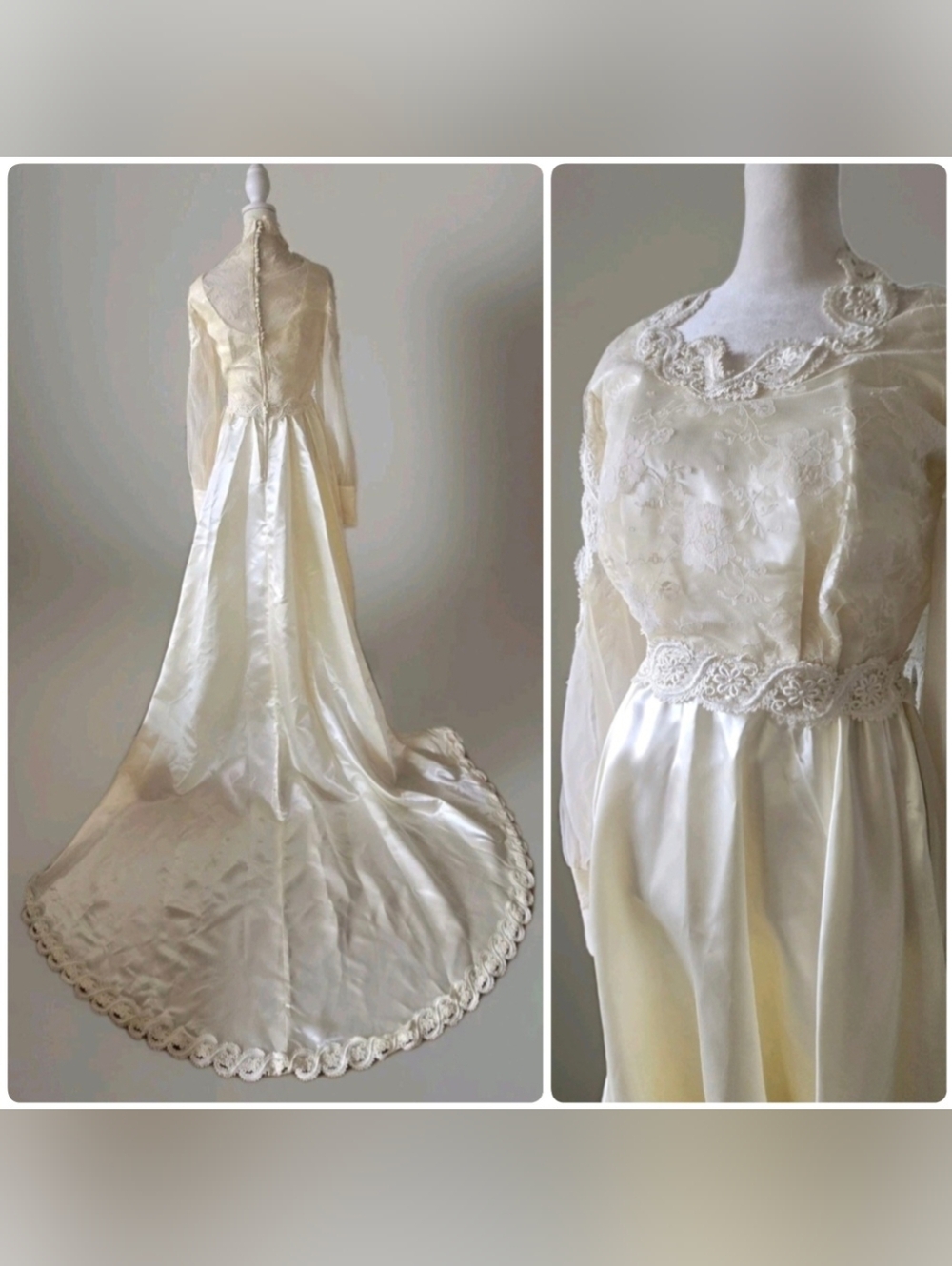 Vtg Candlelit Ivory Wedding Gown, Lace Trim, Buttons, Romantic, 4